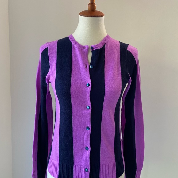 Beautiful NWT cashmere JCrew Collection Purple and Navy Striped Cardigan - Picture 3 of 6